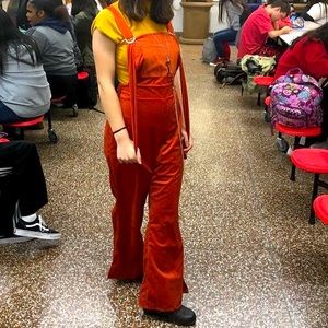 **SHEIN* Orange Soft Corduroy Flared Jumpsuit Overalls w/Chain&Adjustable Straps